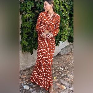 Zara Linen Blend Beaded Maxi Skirt & Matching Top Blouse in Terracotta Sz XL